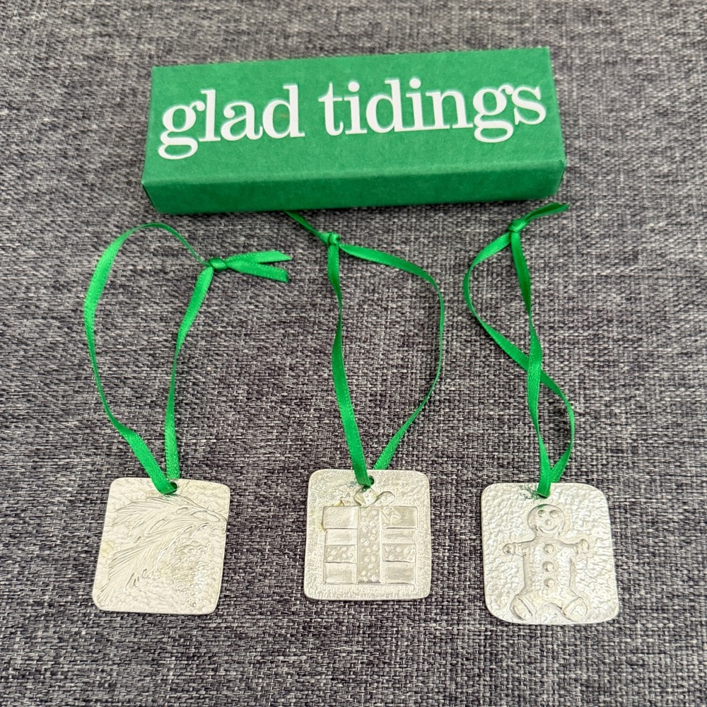 Vilmain Vintage 2002 Square Pewter Christmas Ornaments Set of 3 Glad Tidings Box